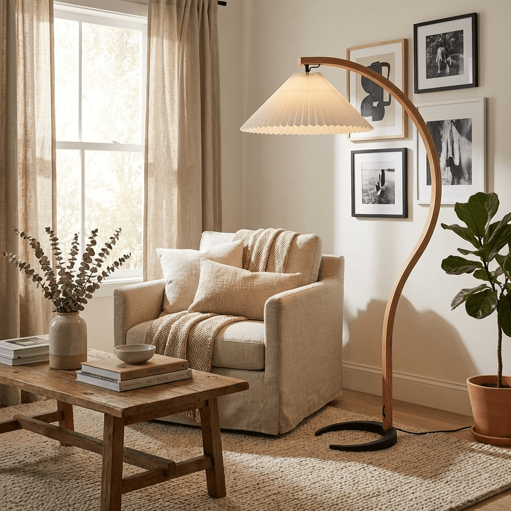 Linden Scandinavian Beechwood and Iron Floor Lamp for Living Rooms
