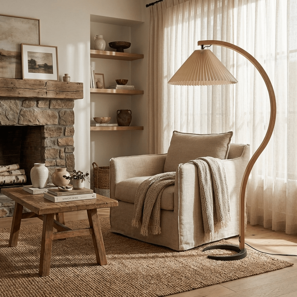 Linden Scandinavian Beechwood and Iron Floor Lamp for Living Rooms