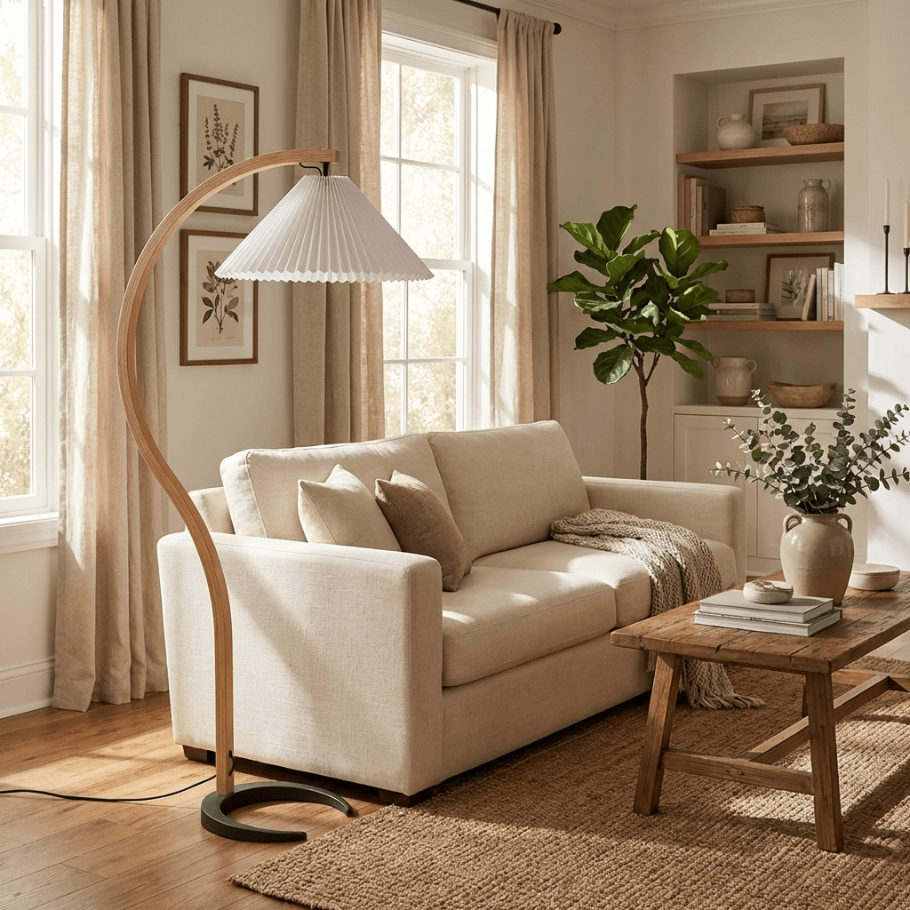 Linden Scandinavian Beechwood and Iron Floor Lamp for Living Rooms
