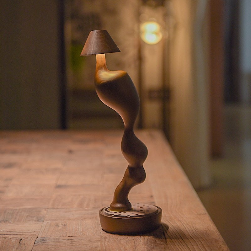 Fen Hand Carved Wood Cordless Table Lamp with Touch Dimmer for Bedside