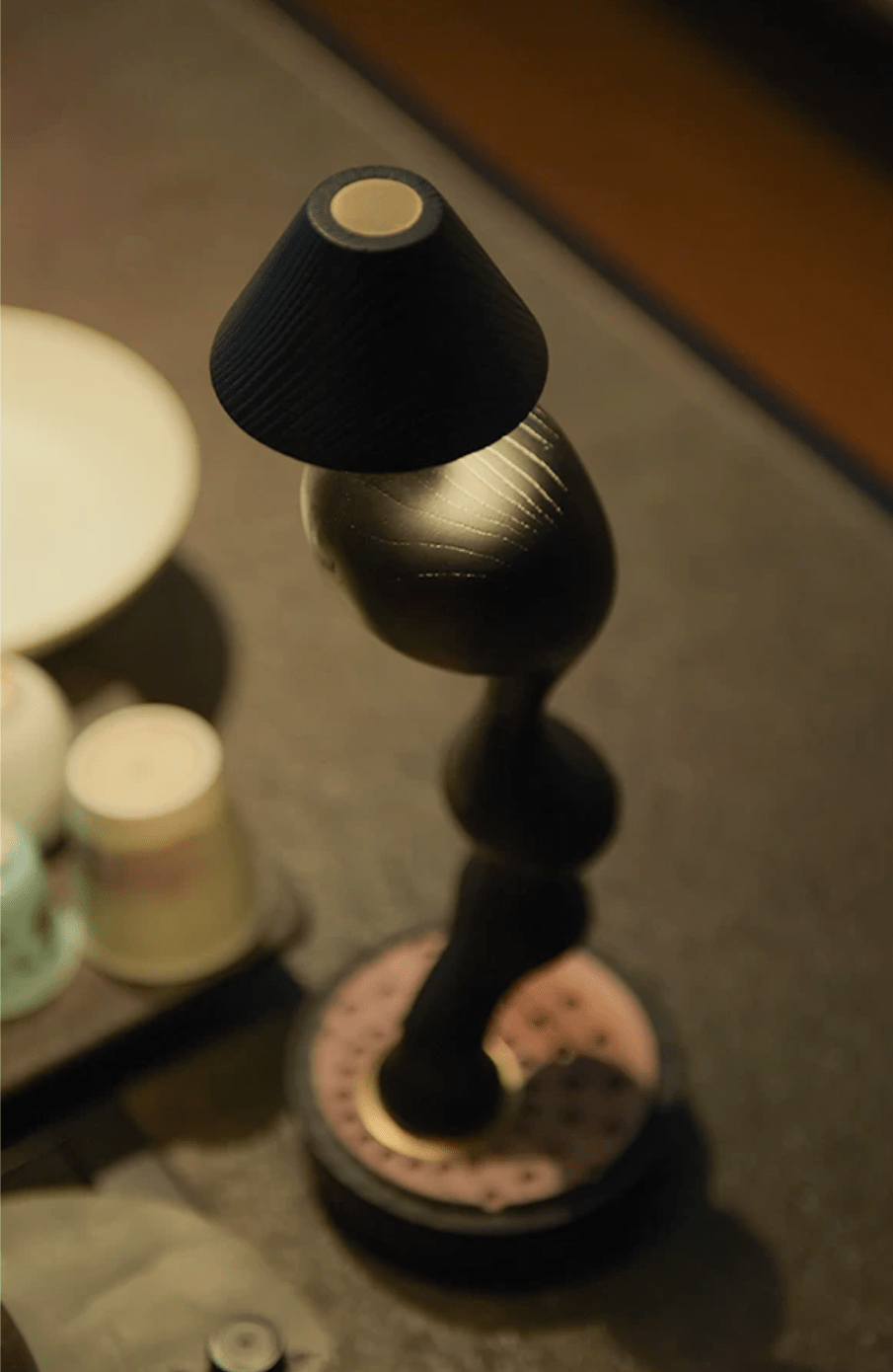 Fen Hand Carved Wood Cordless Table Lamp with Touch Dimmer for Bedside