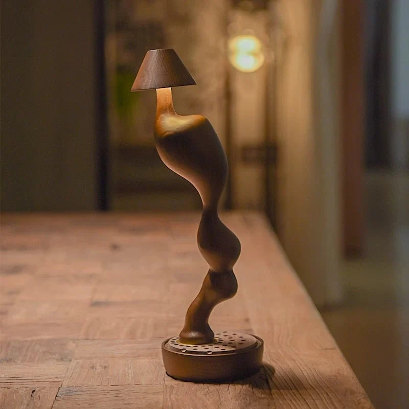 Fen Hand Carved Wood Cordless Table Lamp with Touch Dimmer for Bedside