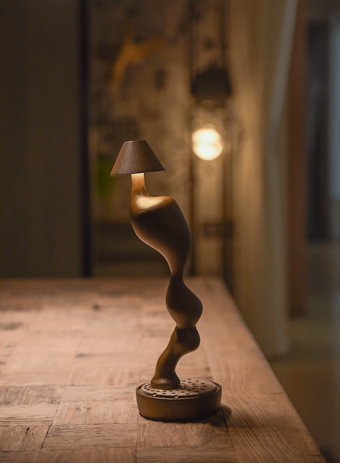 Fen Hand Carved Wood Cordless Table Lamp with Touch Dimmer for Bedside