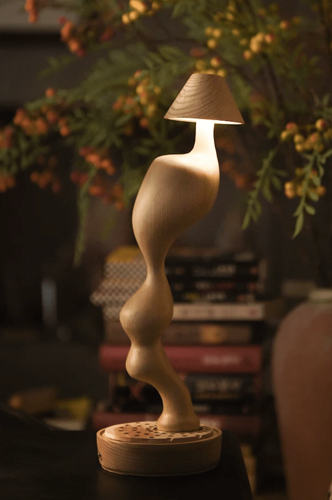 Fen Hand Carved Wood Cordless Table Lamp with Touch Dimmer for Bedside