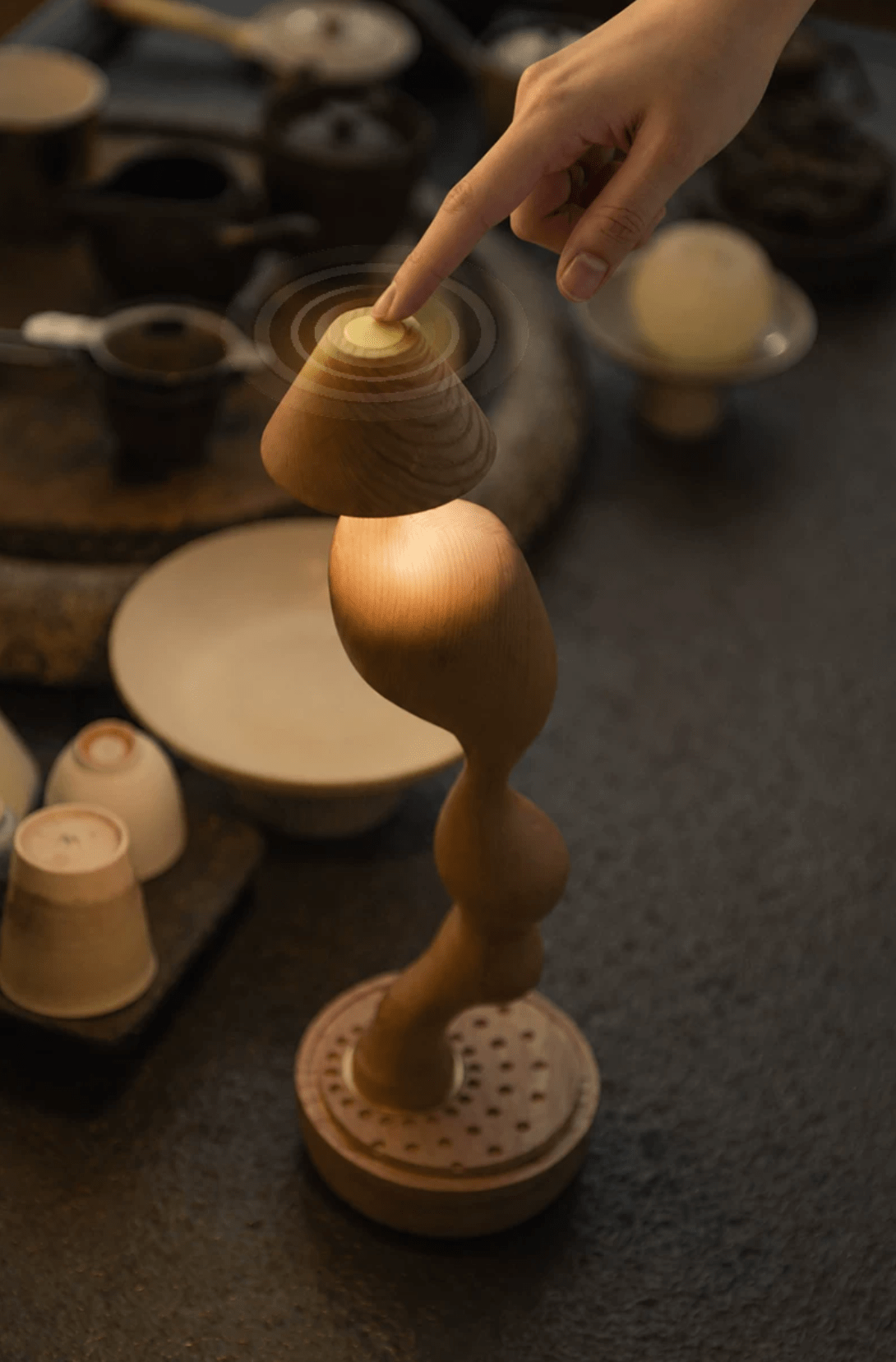 Fen Hand Carved Wood Cordless Table Lamp with Touch Dimmer for Bedside
