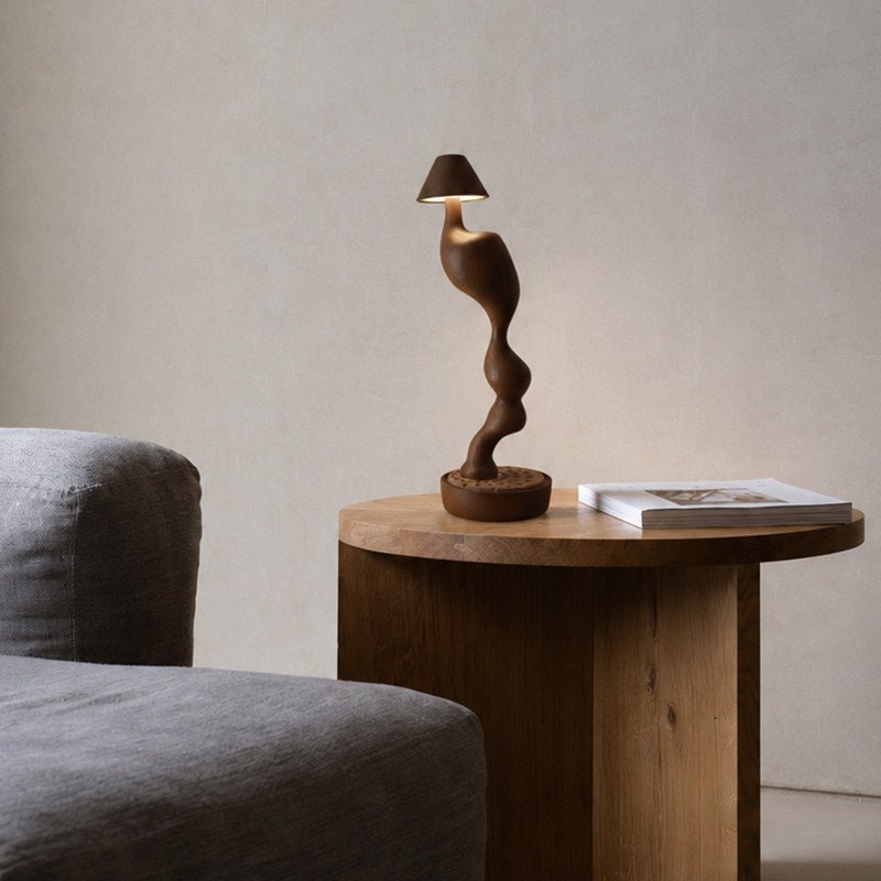 Fen Hand Carved Wood Cordless Table Lamp with Touch Dimmer for Bedside