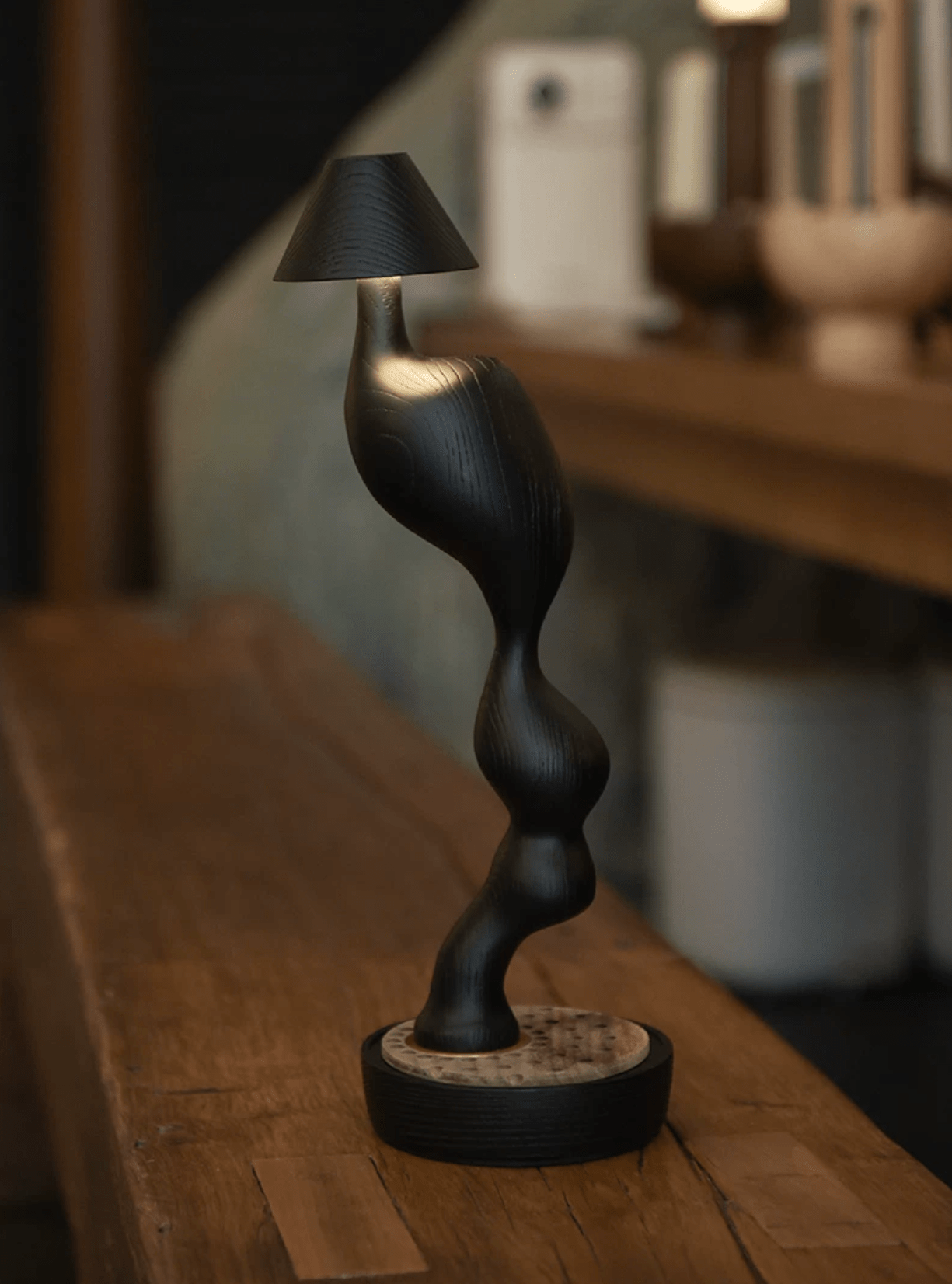 Fen Hand Carved Wood Cordless Table Lamp with Touch Dimmer for Bedside