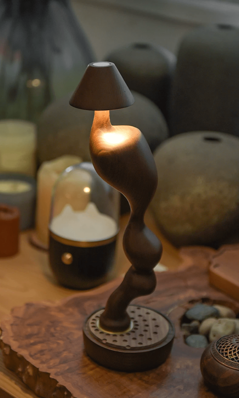 Fen Hand Carved Wood Cordless Table Lamp with Touch Dimmer for Bedside