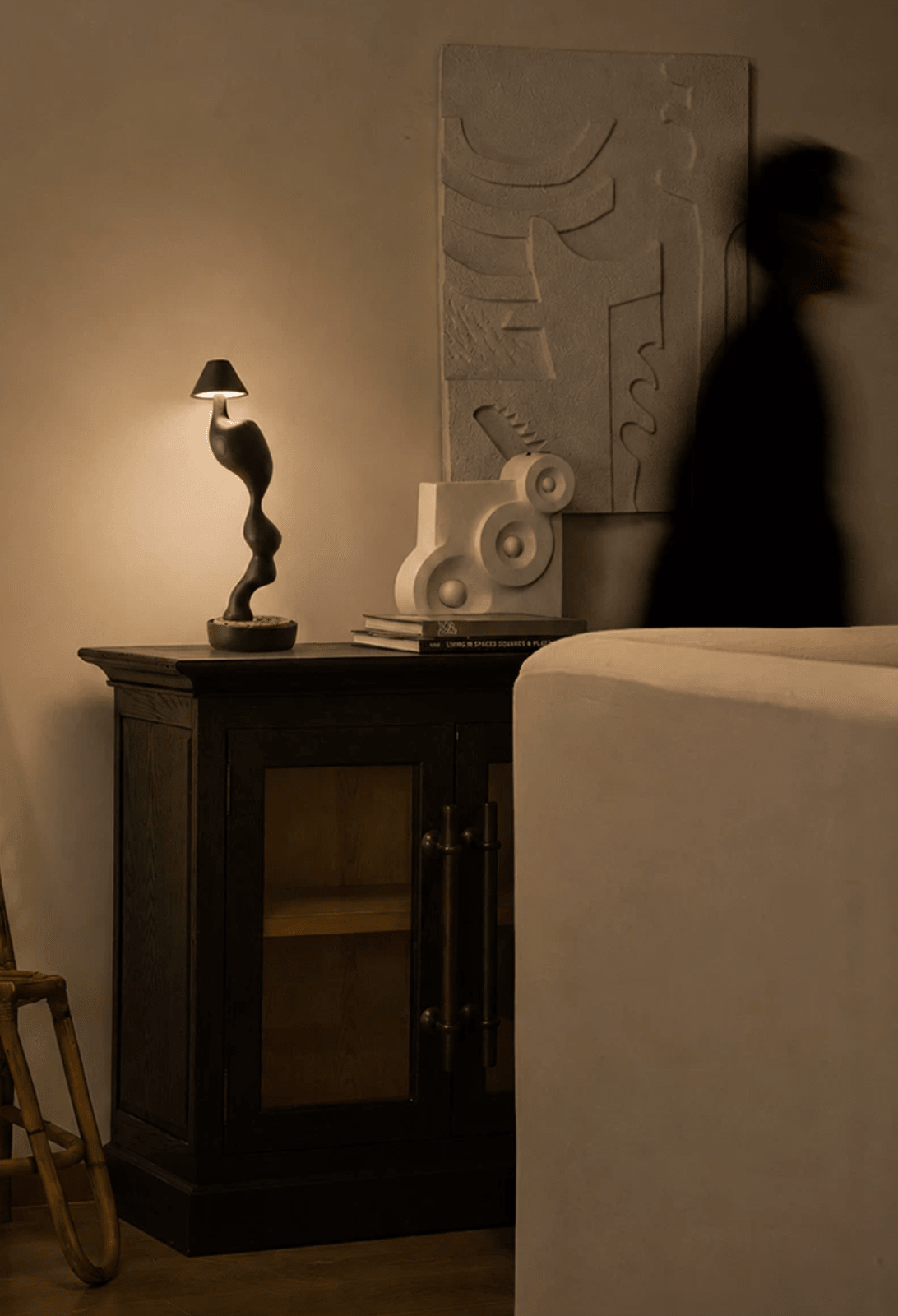 Fen Hand Carved Wood Cordless Table Lamp with Touch Dimmer for Bedside