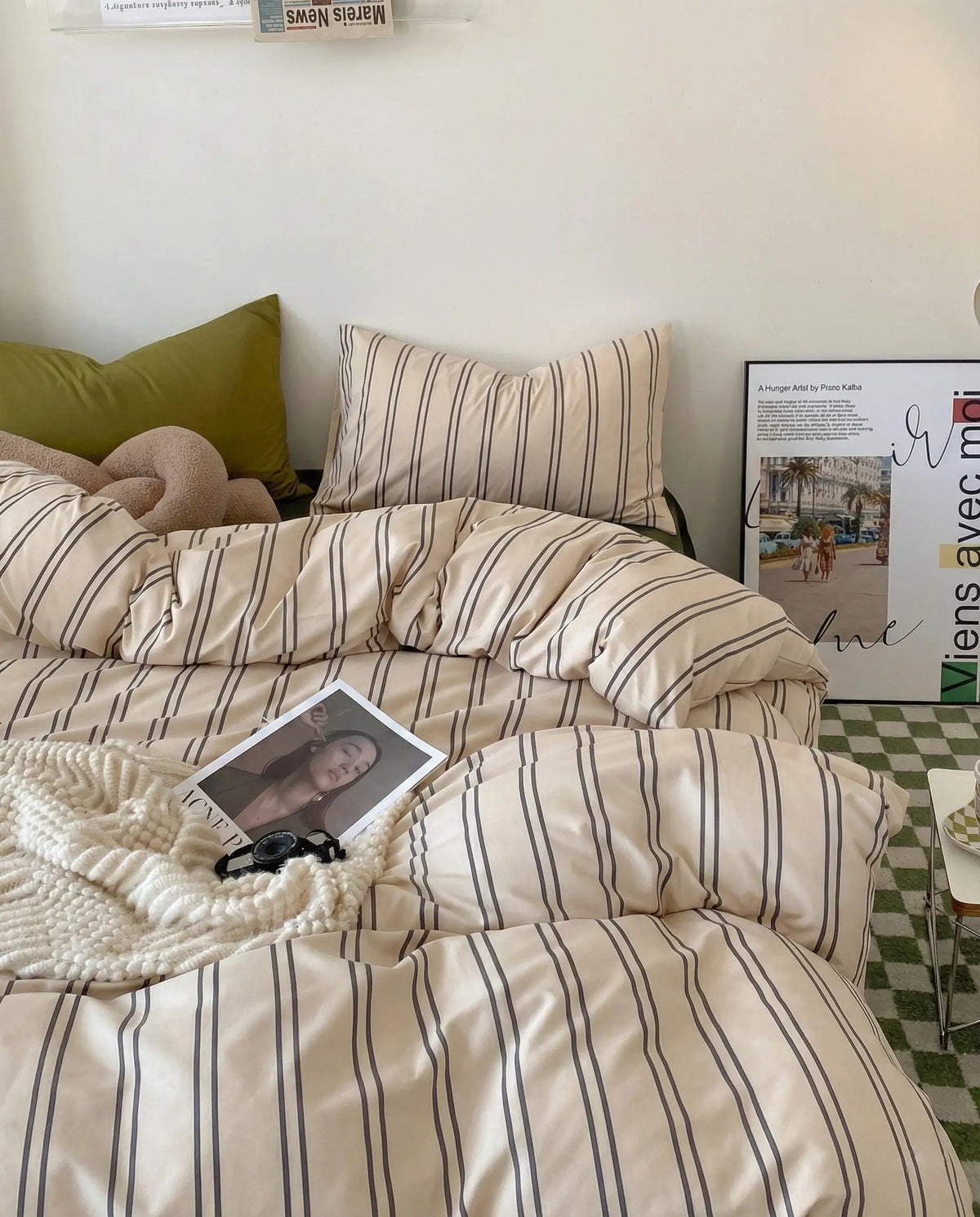 Wren Beige Pinstripe Cotton Duvet Cover Set for Queen and King Beds