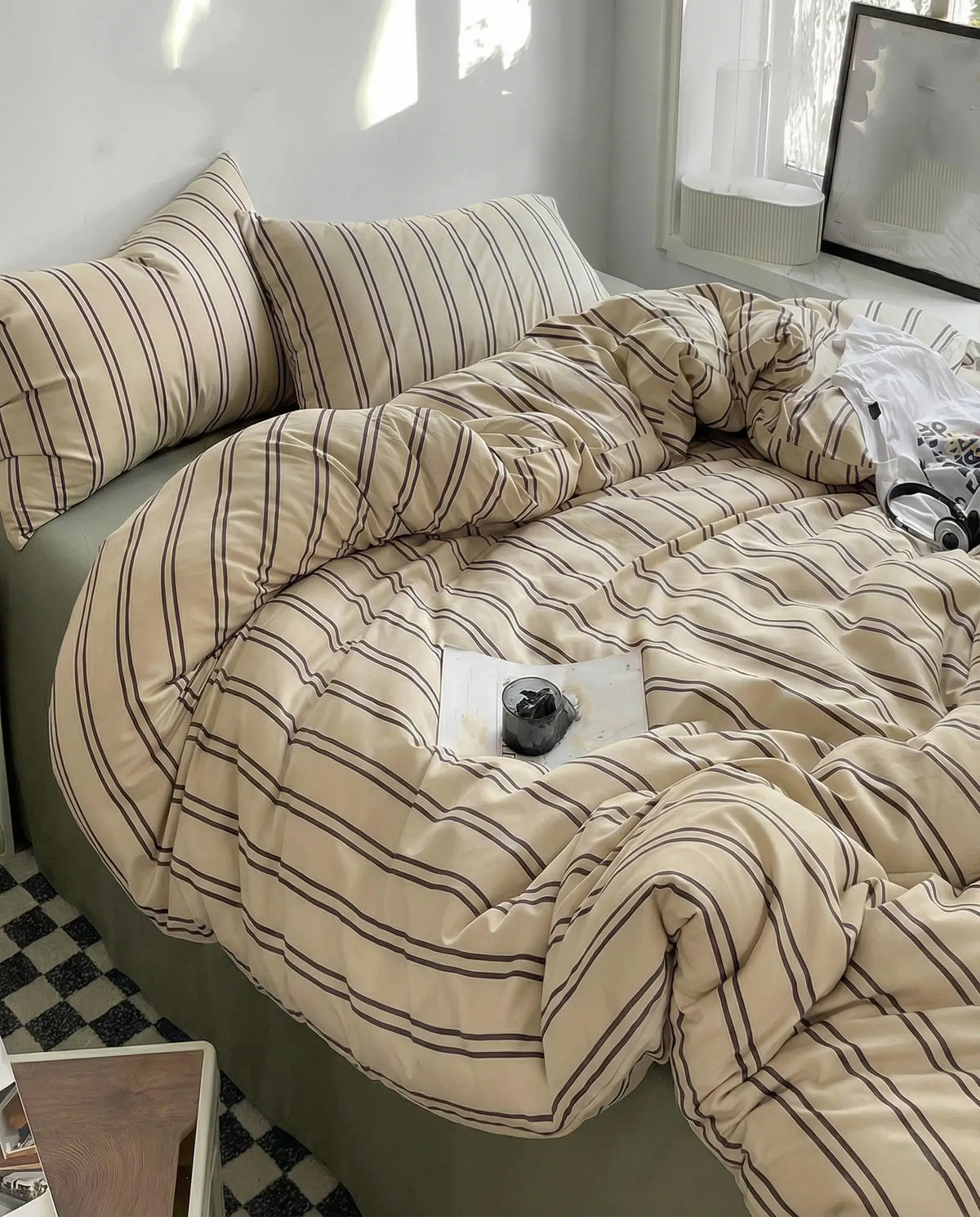 Wren Beige Pinstripe Cotton Duvet Cover Set for Queen and King Beds
