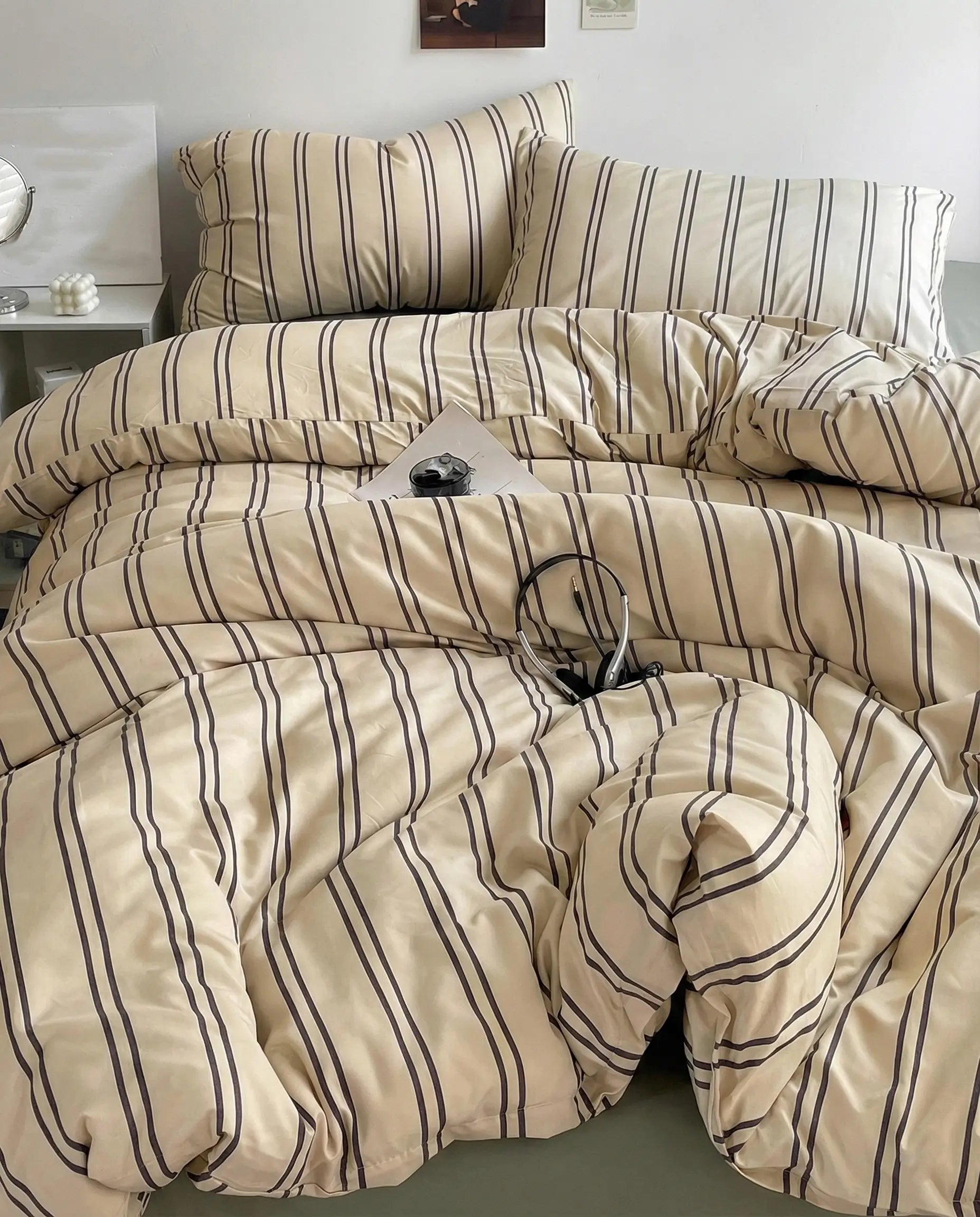 Wren Beige Pinstripe Cotton Duvet Cover Set for Queen and King Beds
