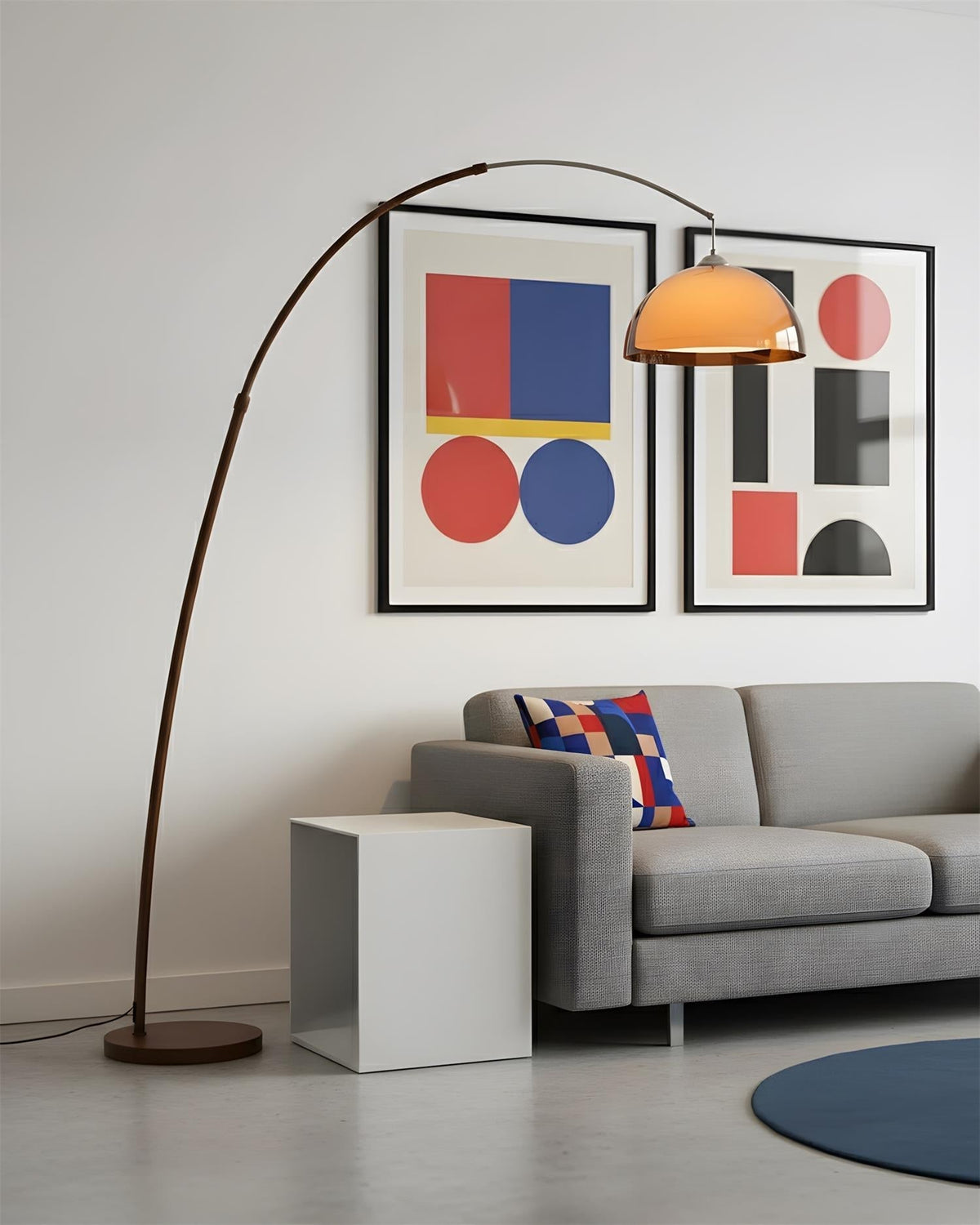 Cove Mid Century Walnut Arc Floor Lamp with Amber Dome Shade Sofa