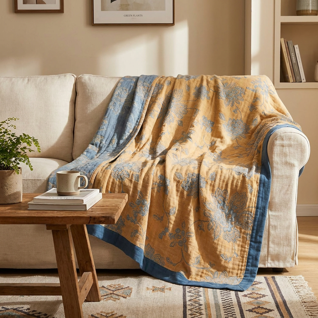 Velo Five-Layer Floral Muslin Gauze Throw for Bedroom & Living Room