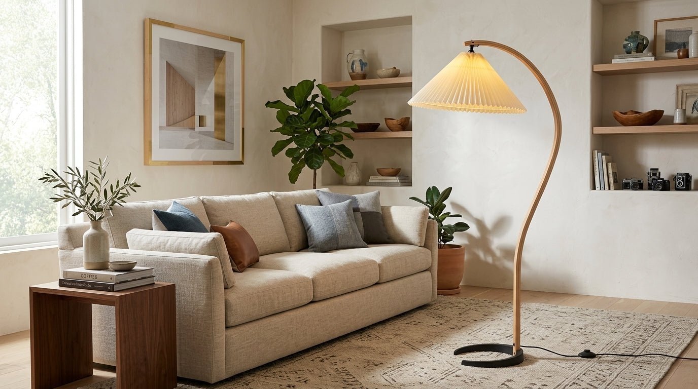 Linden Scandinavian Beechwood and Iron Floor Lamp for Living Rooms