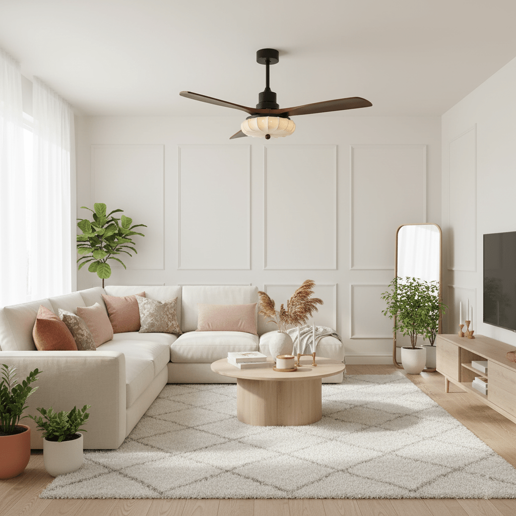 Hasu Walnut Wood Fabric Shade Ceiling Fan for Living Room & Bedroom