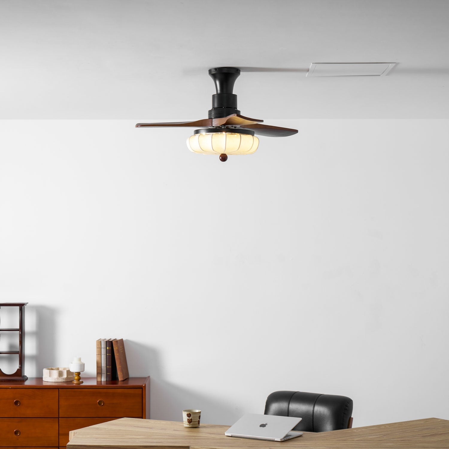 Hasu Walnut Wood Fabric Shade Ceiling Fan for Living Room & Bedroom