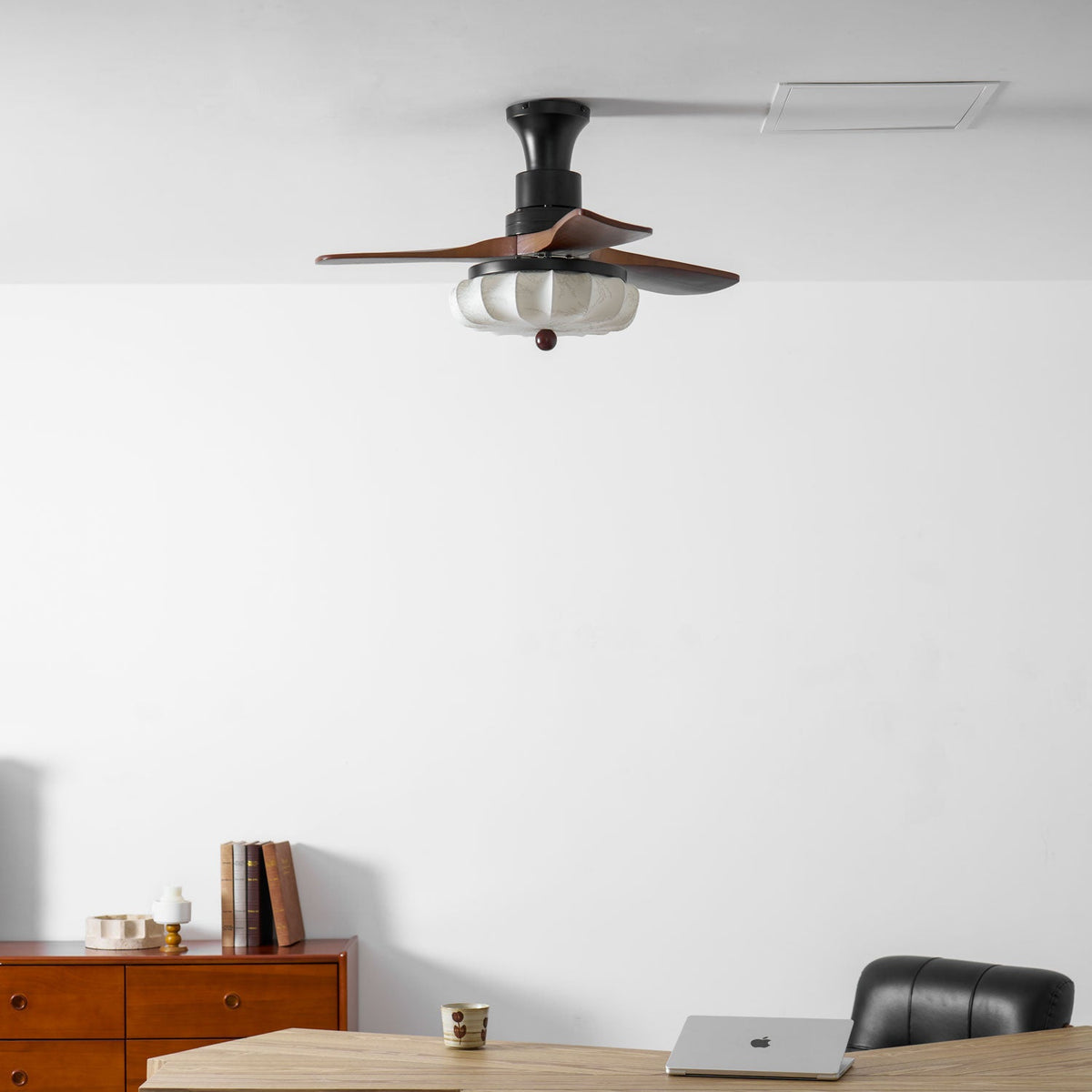 Hasu Walnut Wood Fabric Shade Ceiling Fan for Living Room & Bedroom