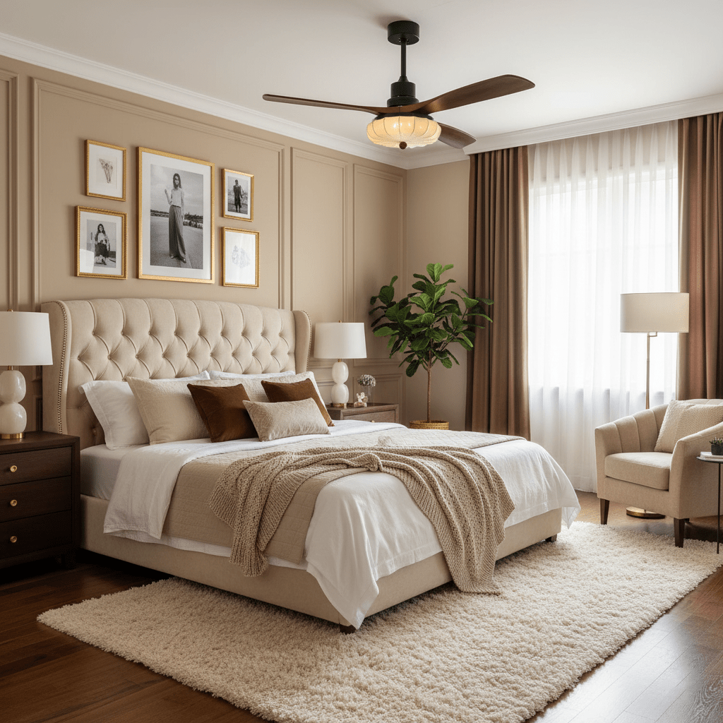 Hasu Walnut Wood Fabric Shade Ceiling Fan for Living Room & Bedroom