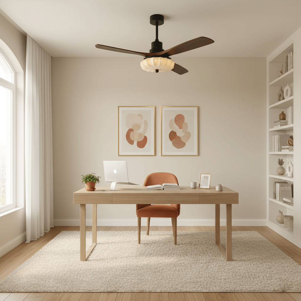 Hasu Walnut Wood Fabric Shade Ceiling Fan for Living Room & Bedroom