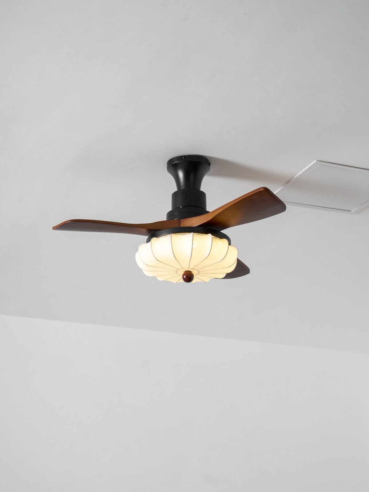 Hasu Walnut Wood Fabric Shade Ceiling Fan for Living Room & Bedroom