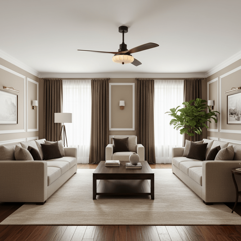 Hasu Walnut Wood Fabric Shade Ceiling Fan for Living Room & Bedroom