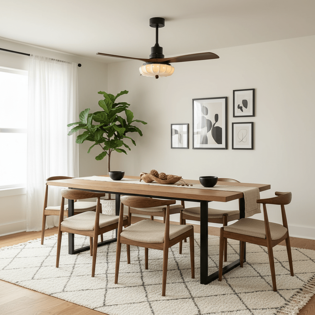Hasu Walnut Wood Fabric Shade Ceiling Fan for Living Room & Bedroom
