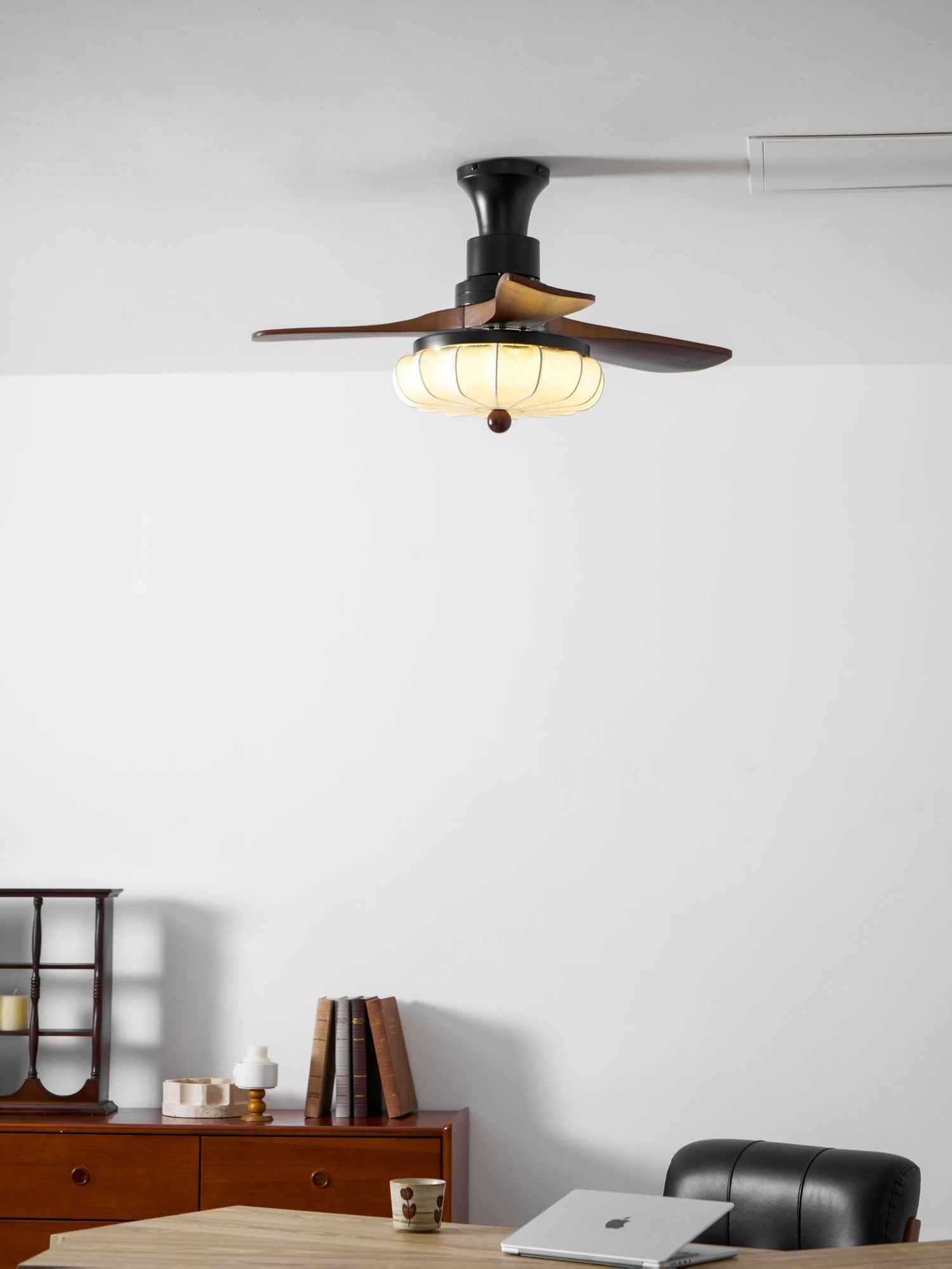 Hasu Walnut Wood Fabric Shade Ceiling Fan for Living Room & Bedroom