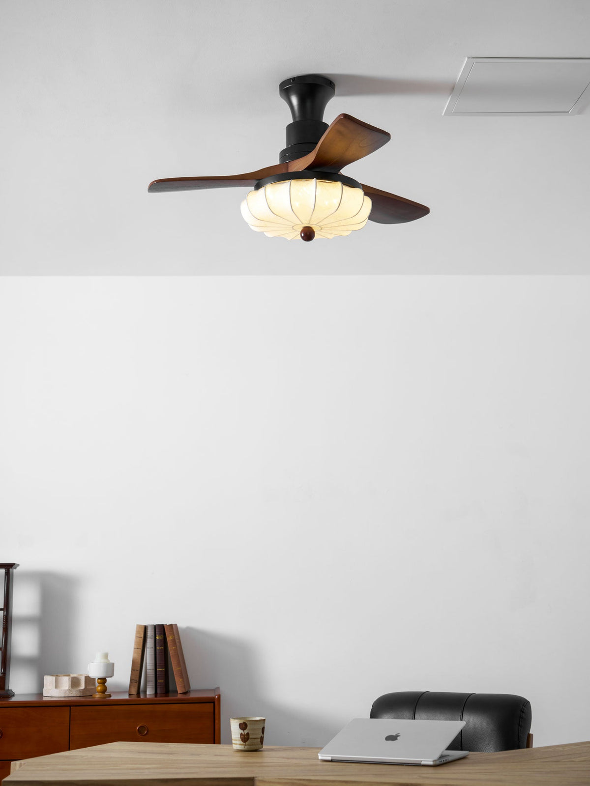 Hasu Walnut Wood Fabric Shade Ceiling Fan for Living Room & Bedroom
