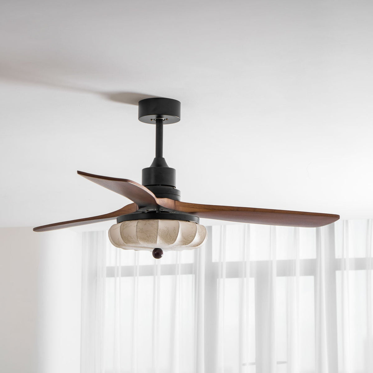 Hasu Walnut Wood Fabric Shade Ceiling Fan for Living Room & Bedroom