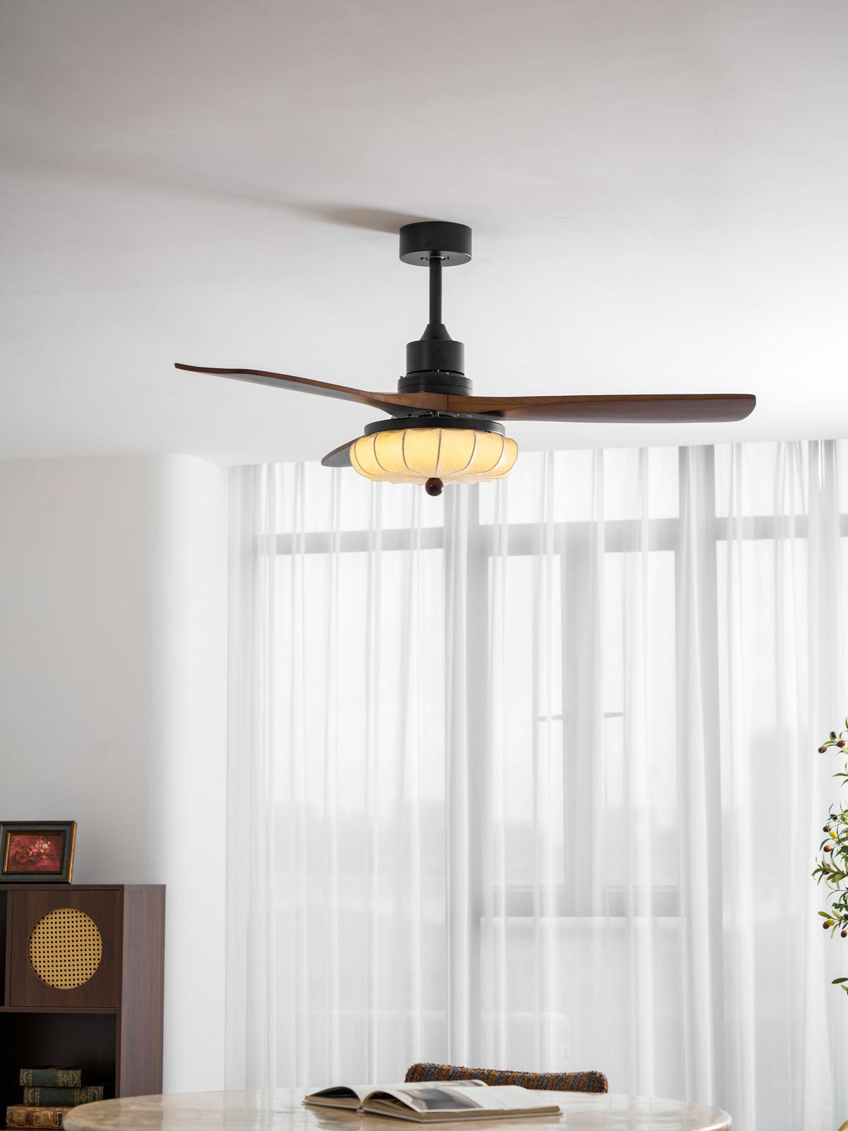 Hasu Walnut Wood Fabric Shade Ceiling Fan for Living Room & Bedroom