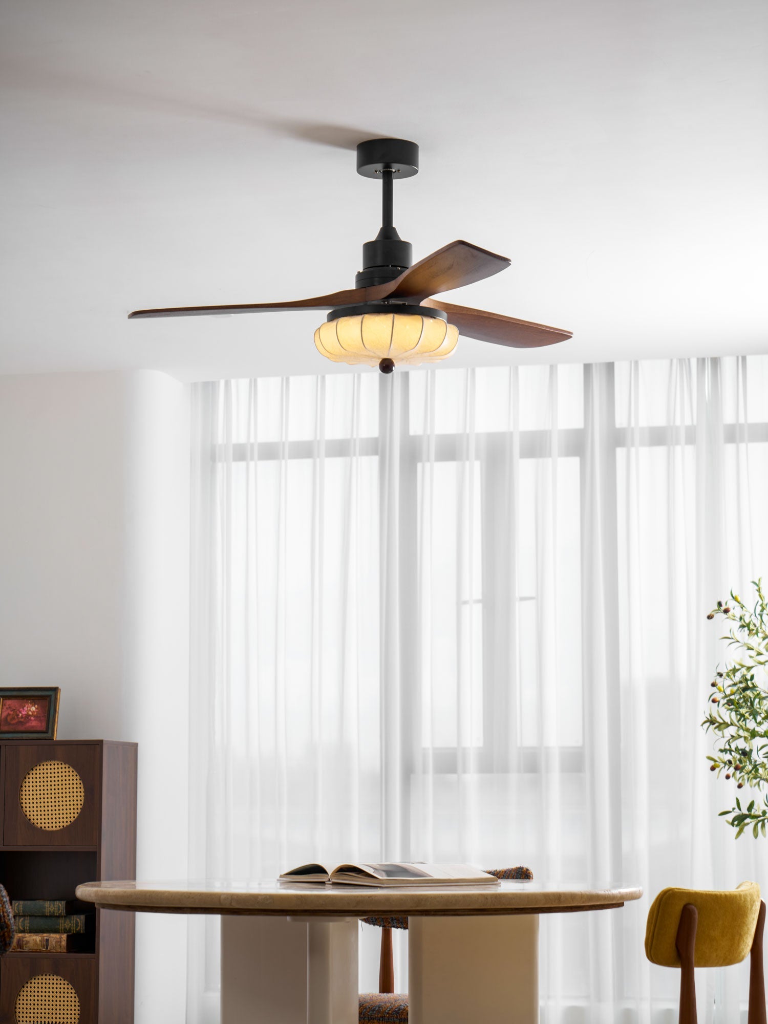 Hasu Walnut Wood Fabric Shade Ceiling Fan for Living Room & Bedroom