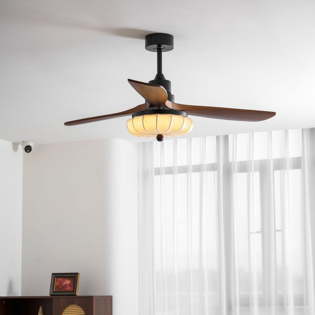 Hasu Walnut Wood Fabric Shade Ceiling Fan for Living Room & Bedroom