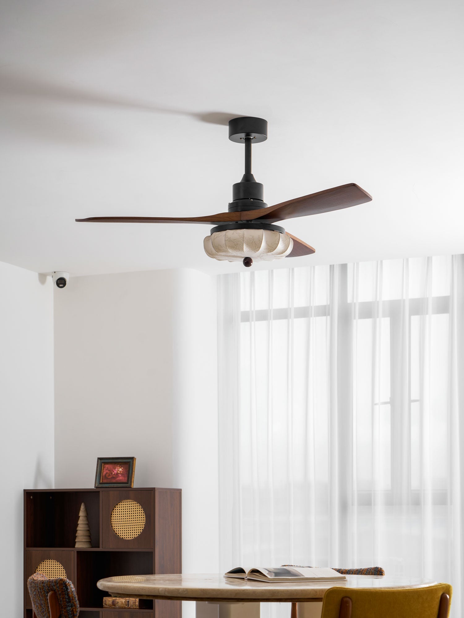 Hasu Walnut Wood Fabric Shade Ceiling Fan for Living Room & Bedroom