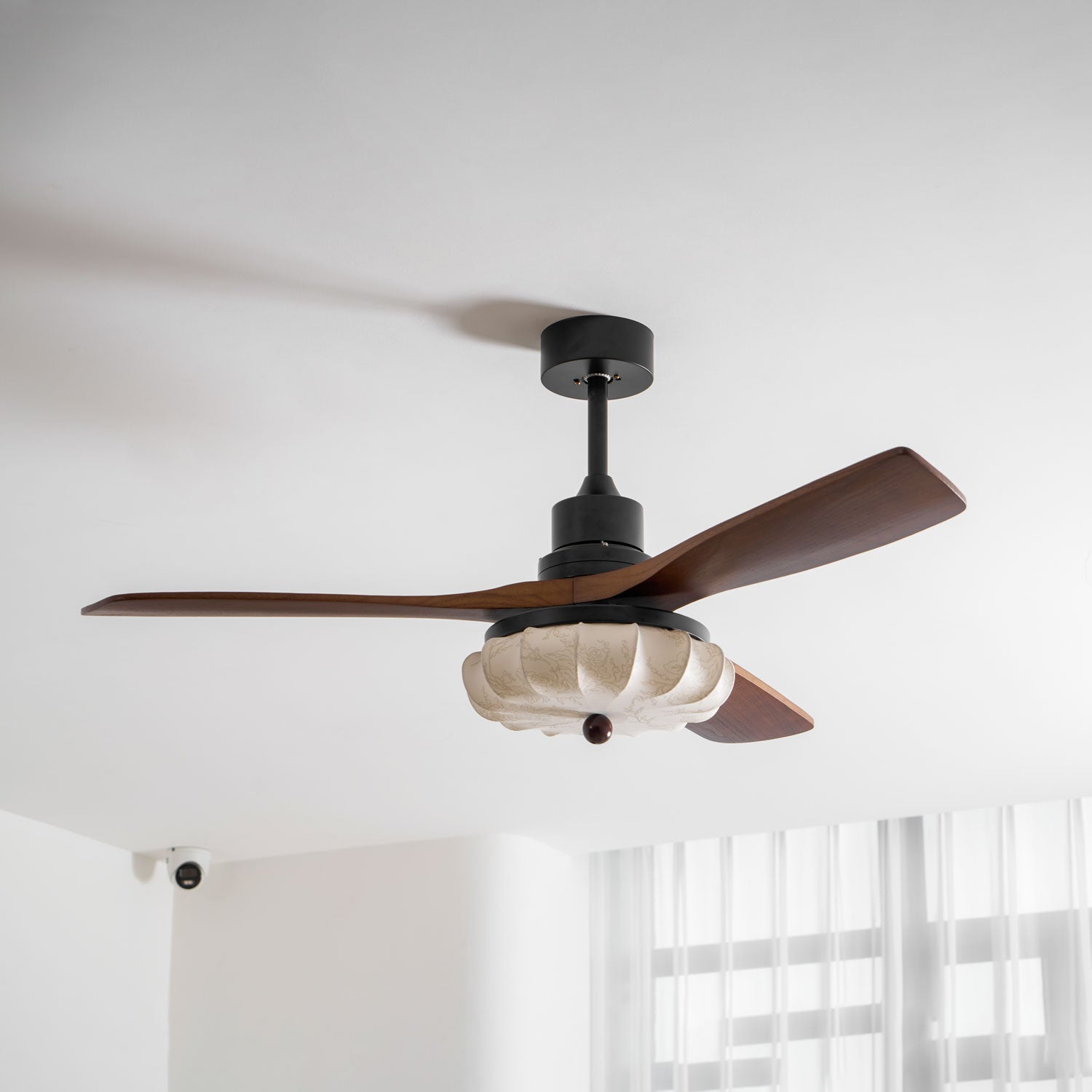 Hasu Walnut Wood Fabric Shade Ceiling Fan for Living Room & Bedroom