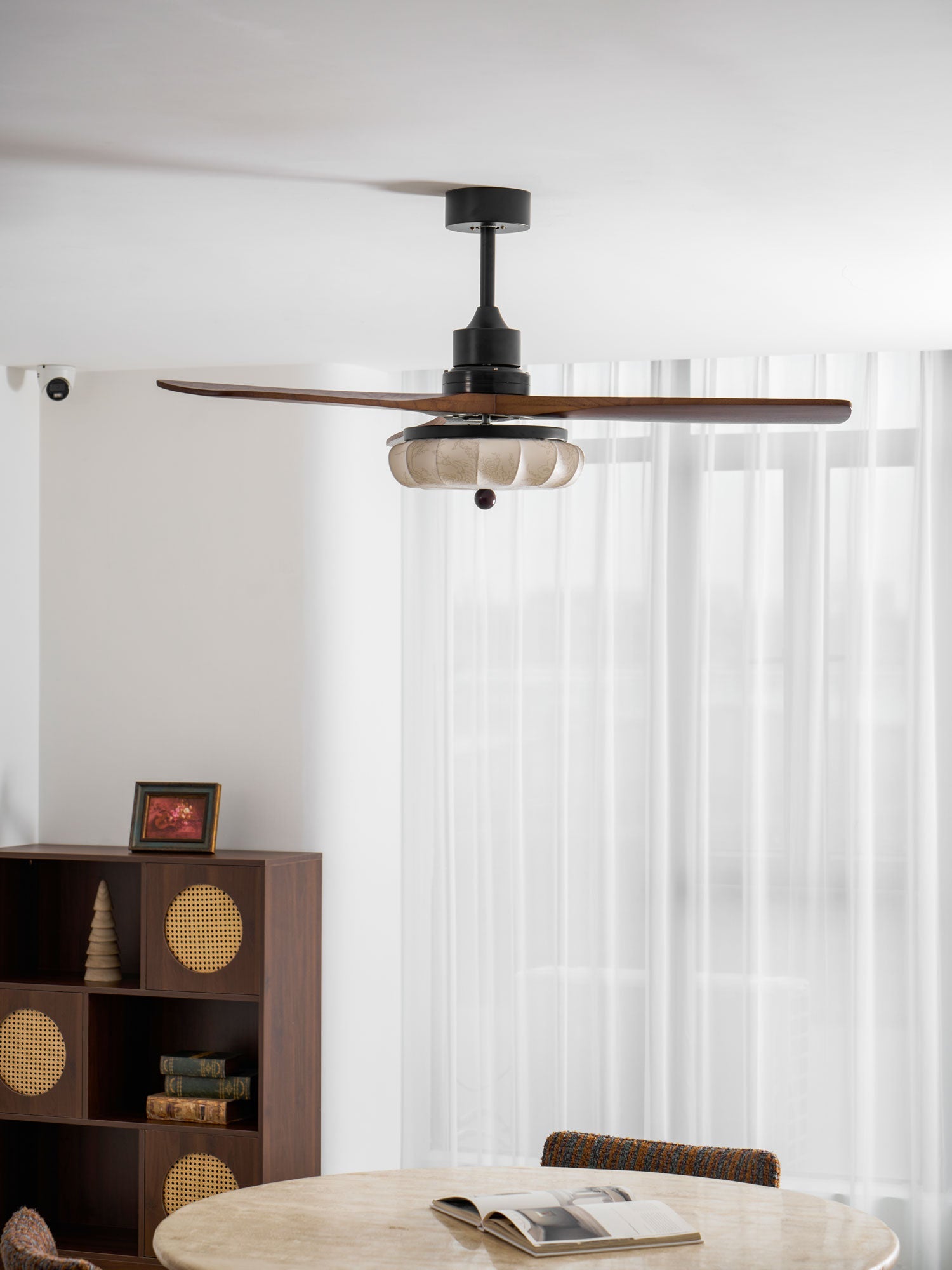 Hasu Walnut Wood Fabric Shade Ceiling Fan for Living Room & Bedroom