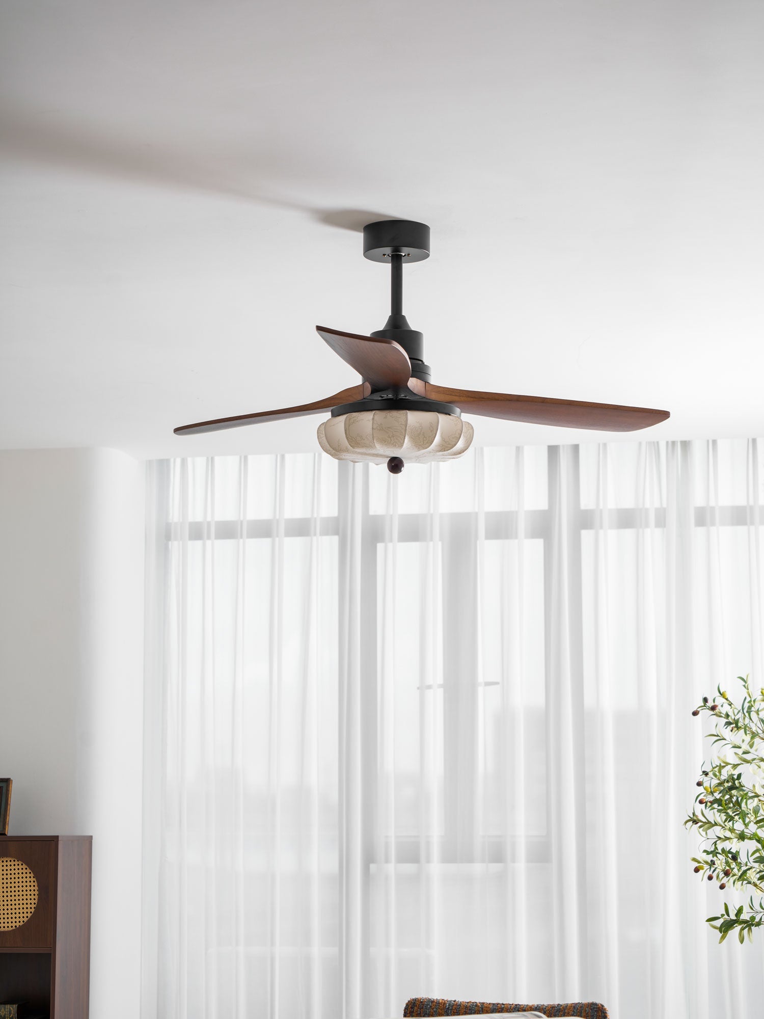 Hasu Walnut Wood Fabric Shade Ceiling Fan for Living Room & Bedroom