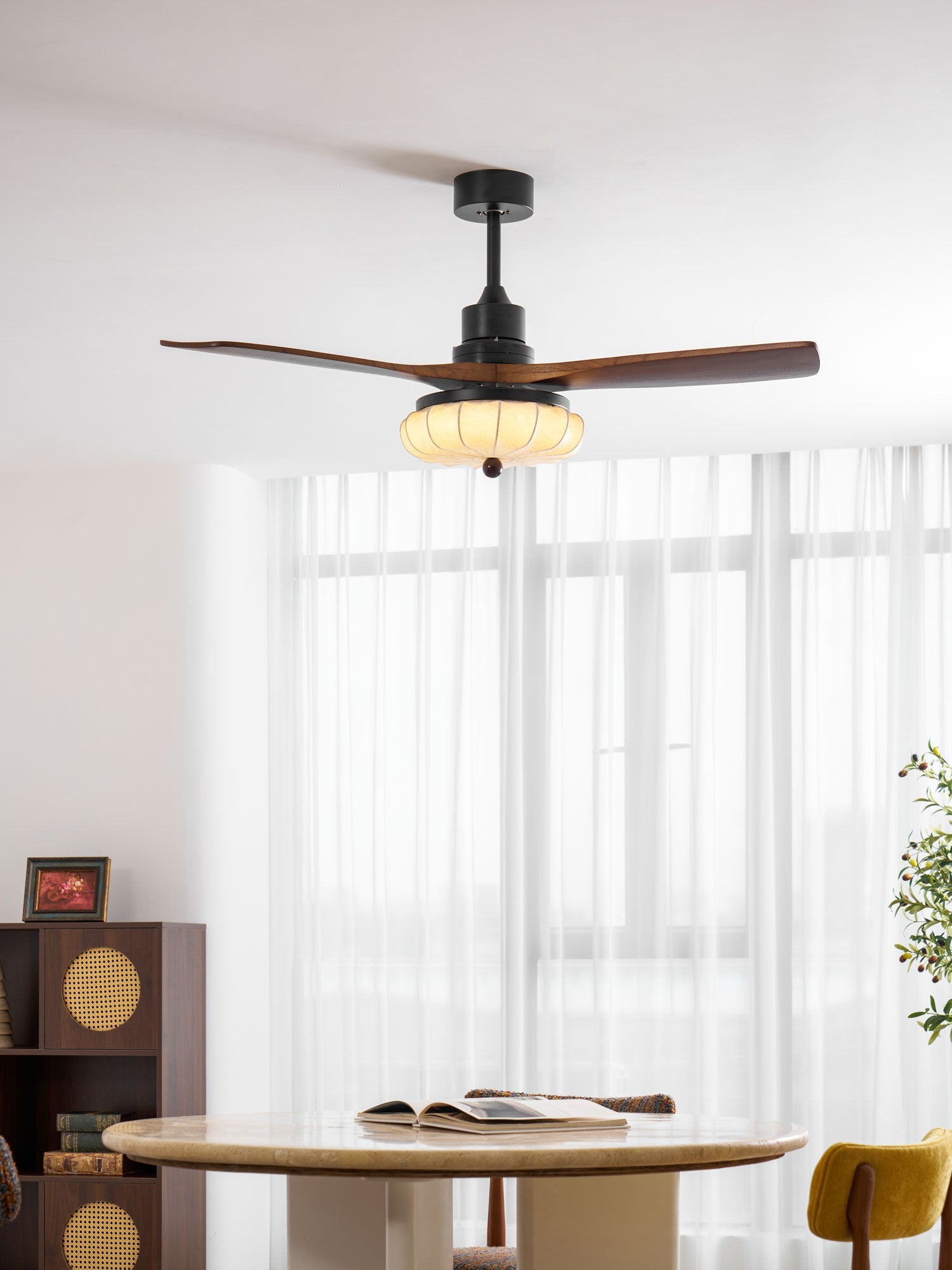Hasu Walnut Wood Fabric Shade Ceiling Fan for Living Room & Bedroom