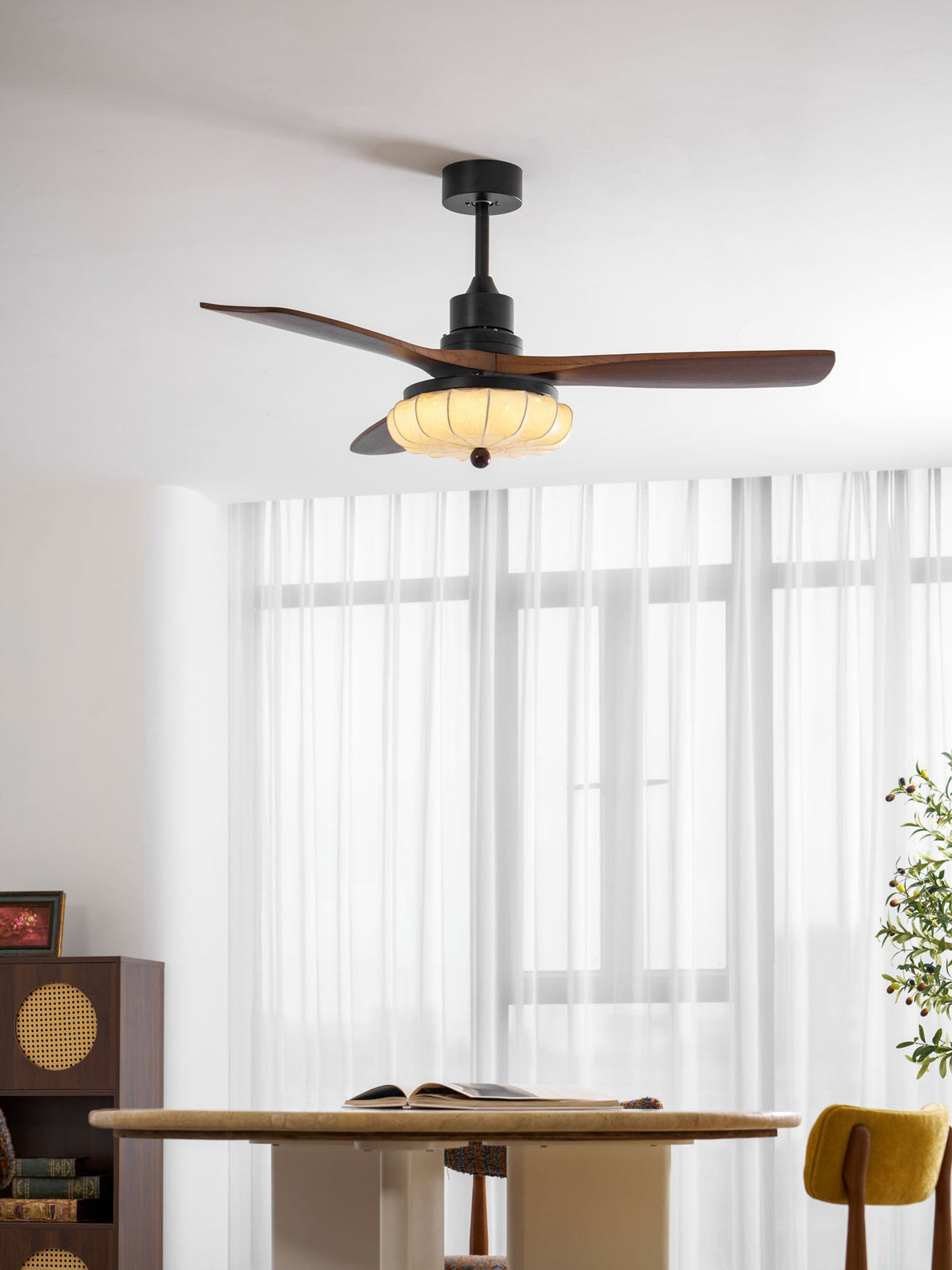 Hasu Walnut Wood Fabric Shade Ceiling Fan for Living Room & Bedroom