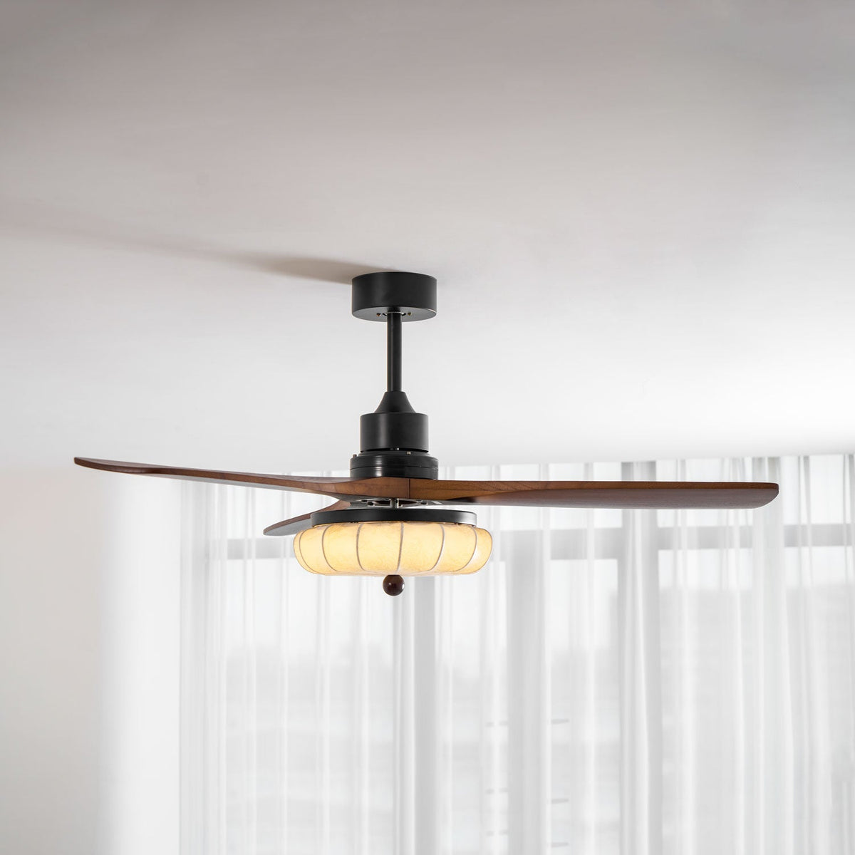 Hasu Walnut Wood Fabric Shade Ceiling Fan for Living Room & Bedroom
