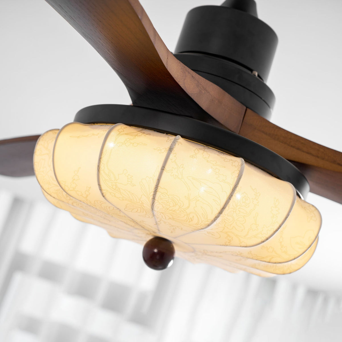 Hasu Walnut Wood Fabric Shade Ceiling Fan for Living Room & Bedroom