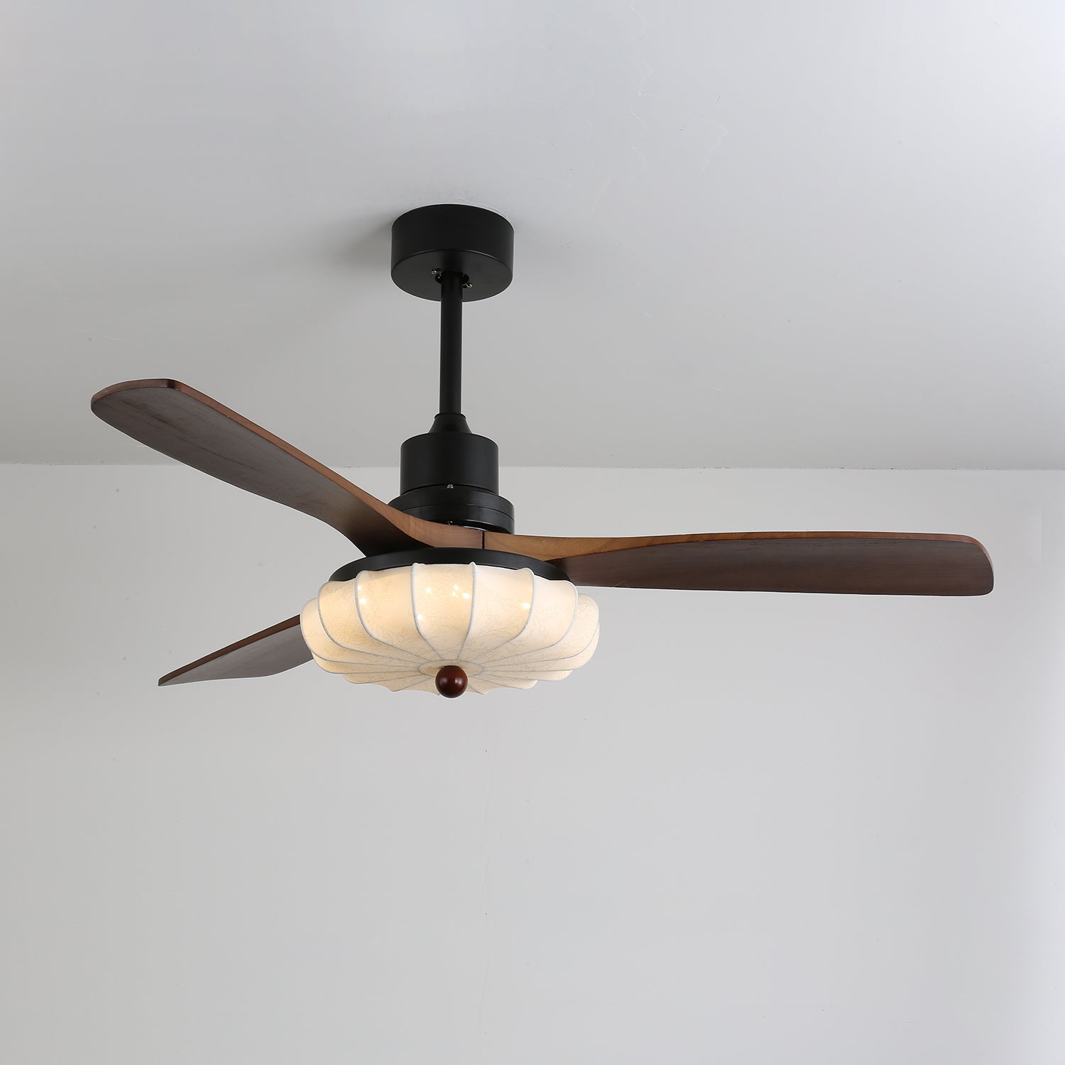 Hasu Walnut Wood Fabric Shade Ceiling Fan for Living Room & Bedroom
