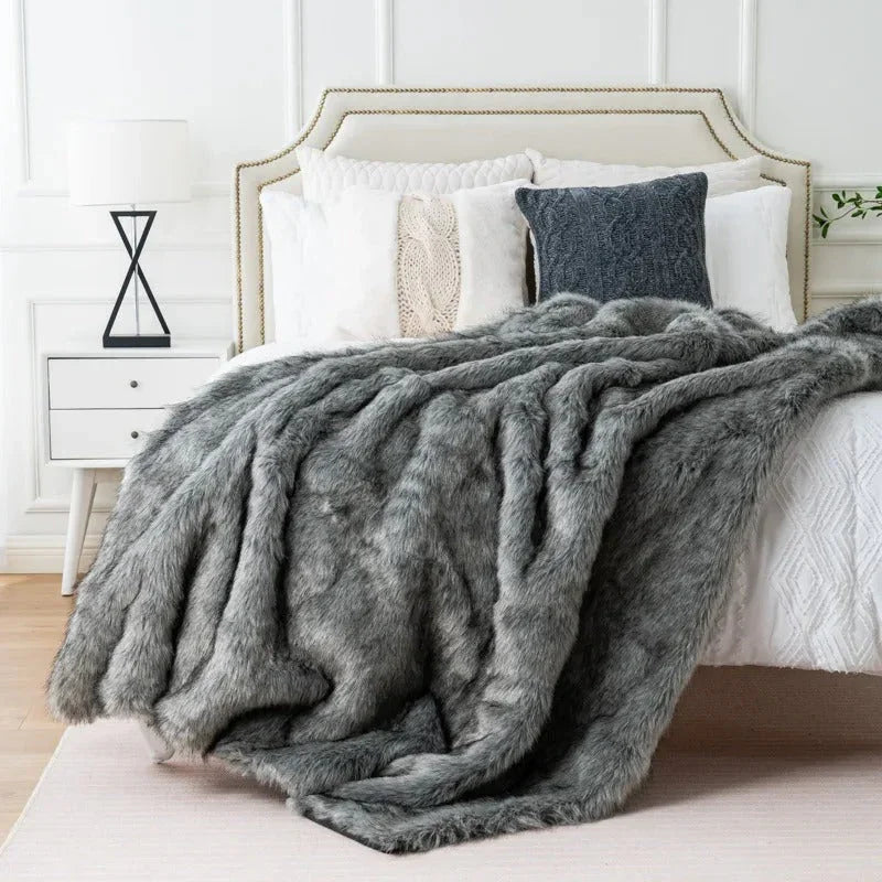 Lusso Luxury Plush Faux Fox Fur Throw Blanket for Sofa and Bedroom