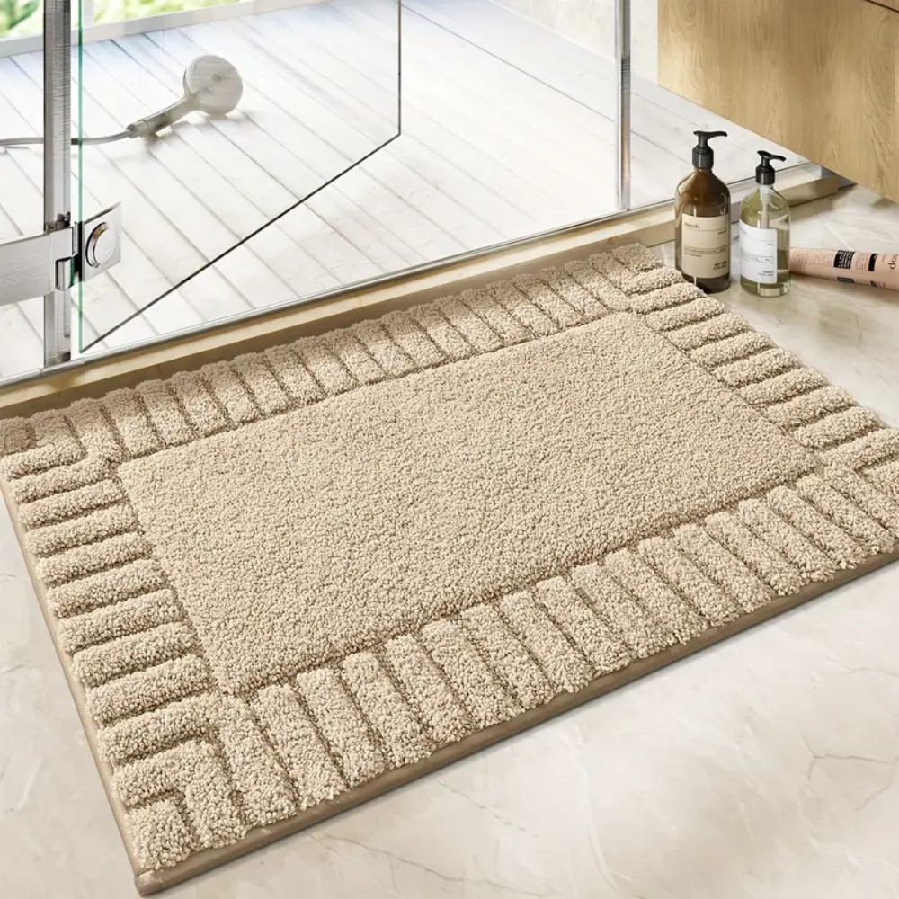Riva Striped Border Flocked Bath Mat Non Slip Quick Dry for Bathroom
