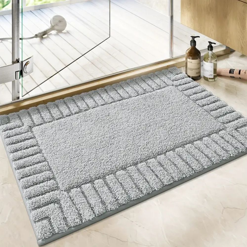 Riva Striped Border Flocked Bath Mat Non Slip Quick Dry for Bathroom