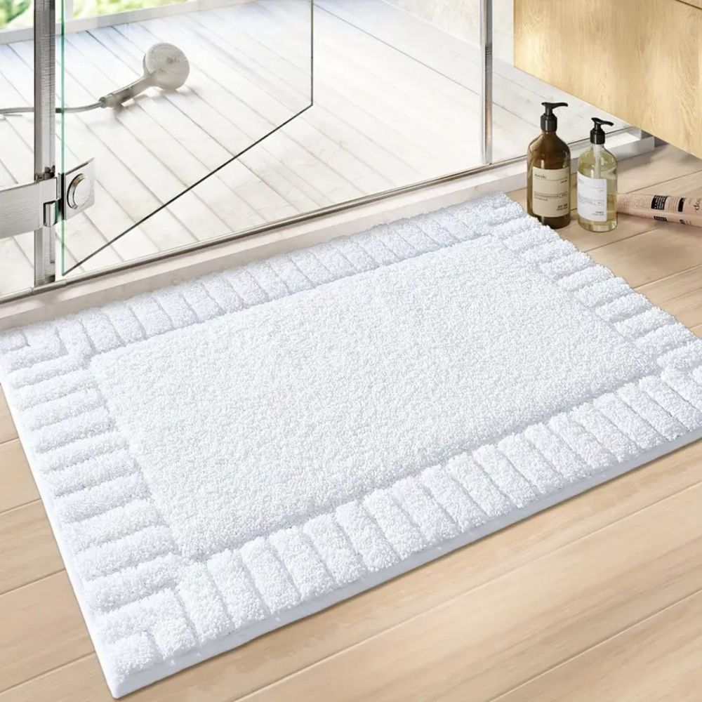 Riva Striped Border Flocked Bath Mat Non Slip Quick Dry for Bathroom