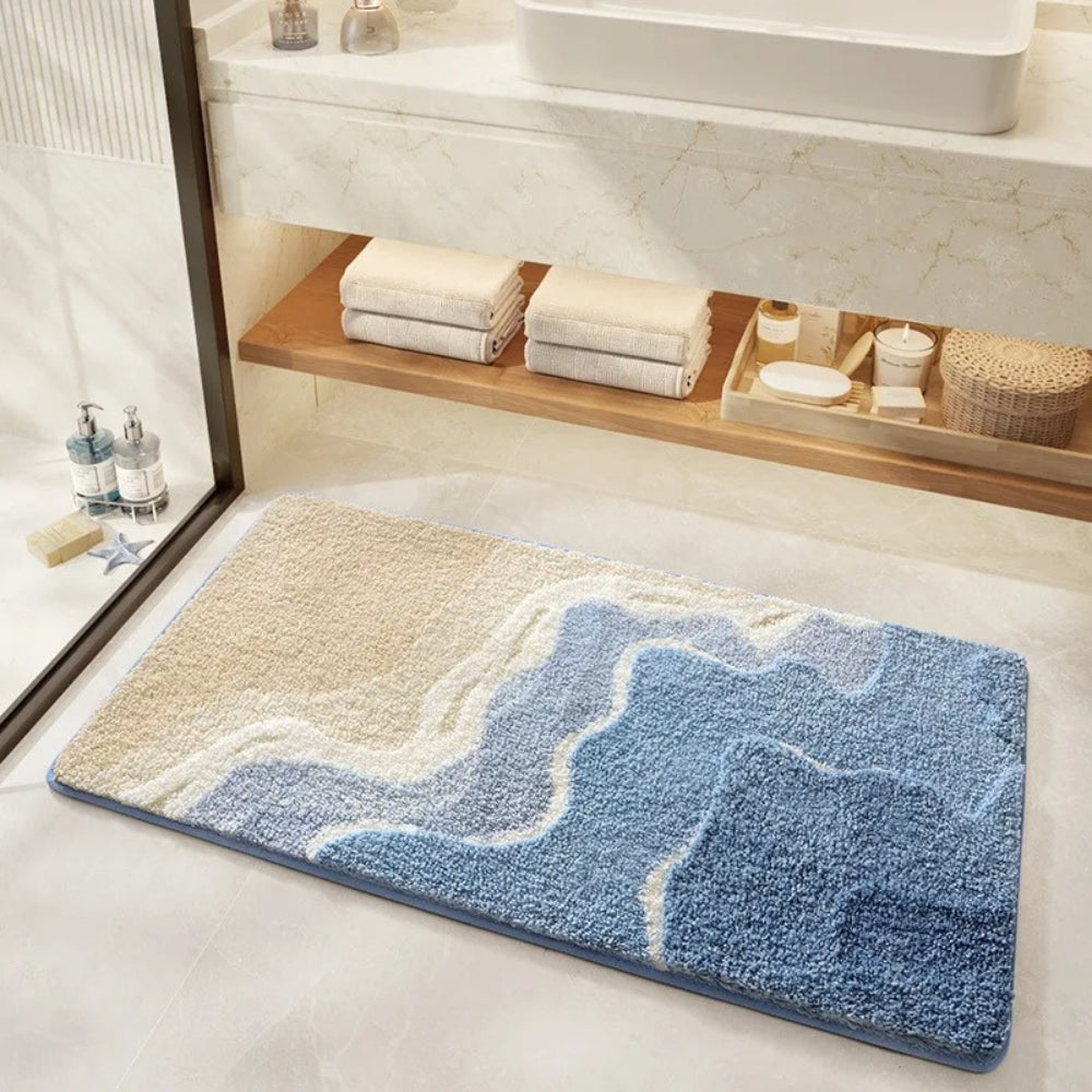 Onda Coastal Wave Plush Bath Mat Non Slip Machine Washable Bathroom