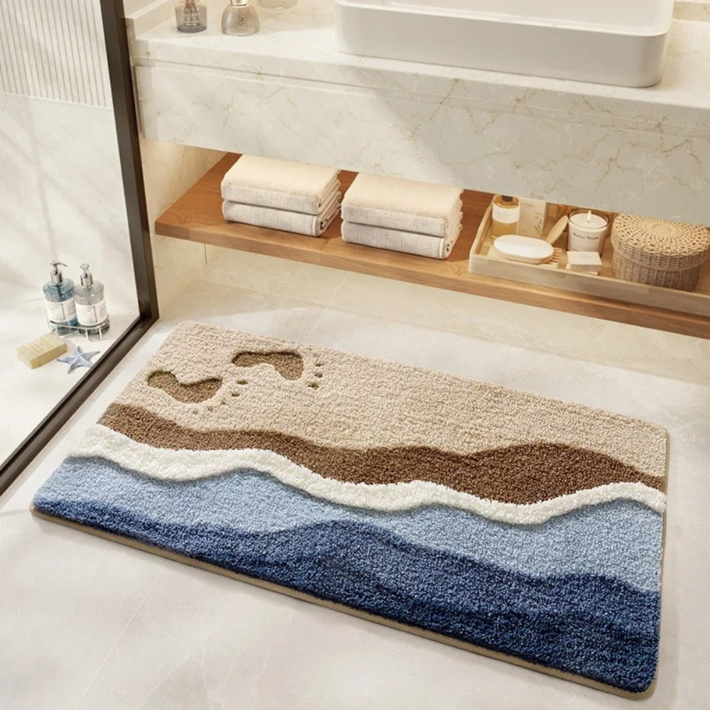 Onda Coastal Wave Plush Bath Mat Non Slip Machine Washable Bathroom