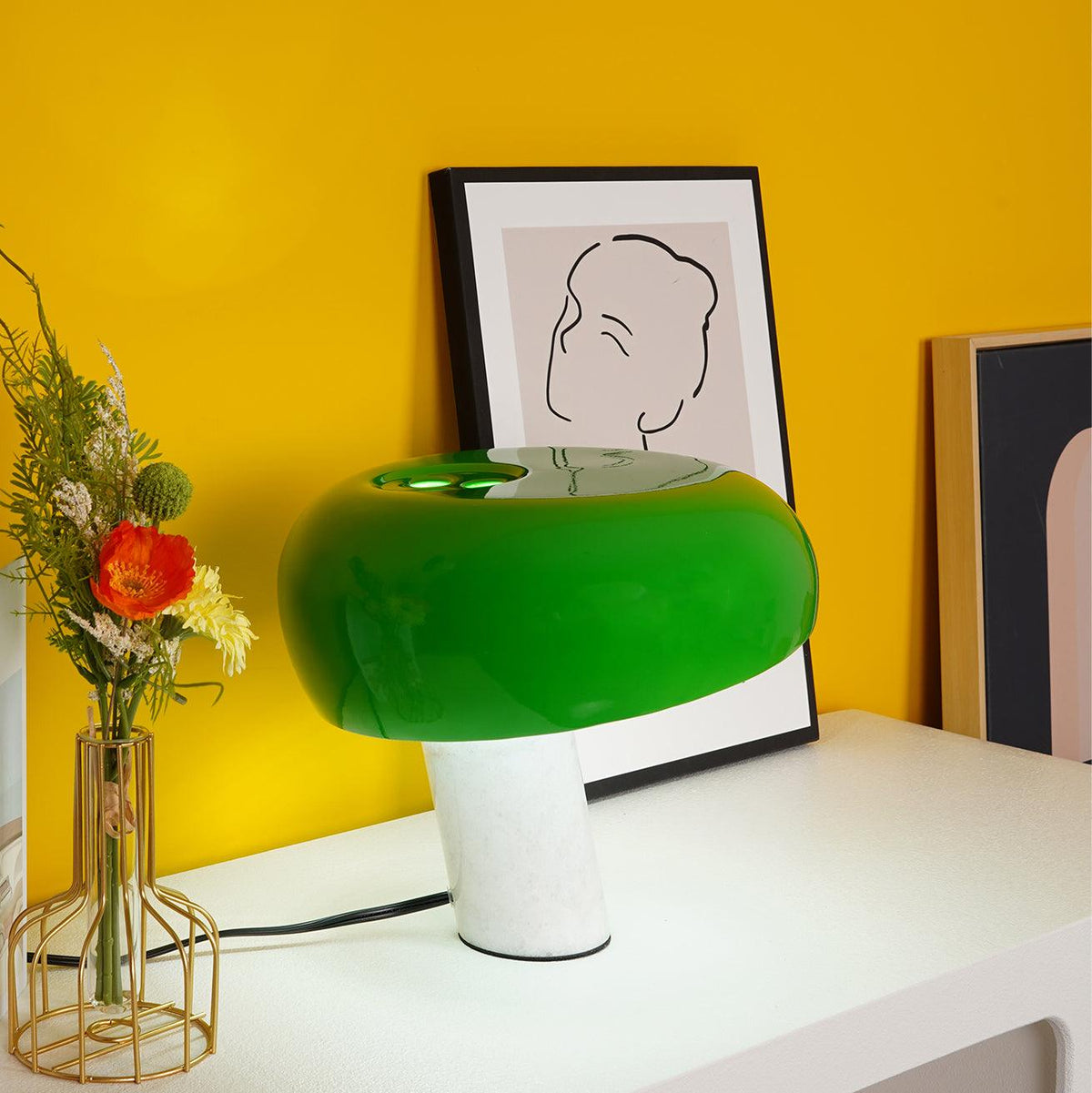 Marmo Italian Carrara Marble Table Lamp with Glazed Metal Reflector