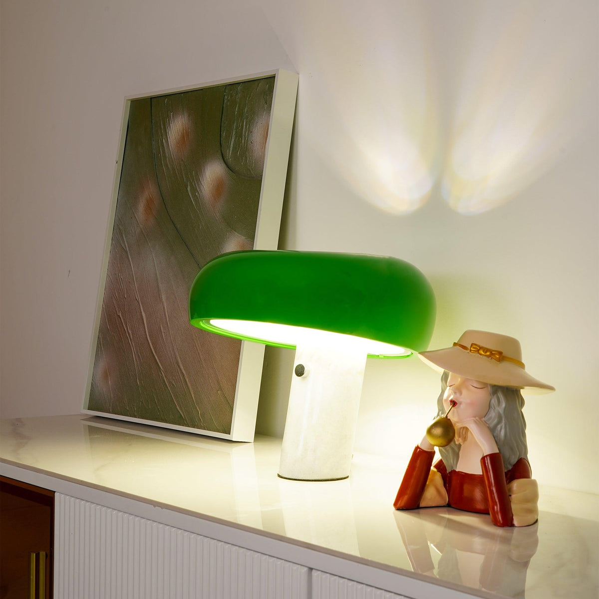 Marmo Italian Carrara Marble Table Lamp with Glazed Metal Reflector